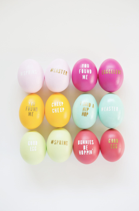easter egg hunt ideas, colorful eggs with gold typography