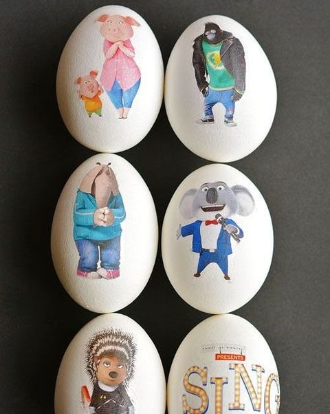 easter egg ideas, animated characters from sing movie on white eggs