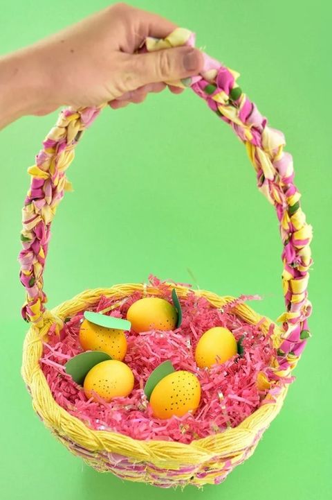 easter egg ideas, eggs designed as lemons in a basket held by a woman
