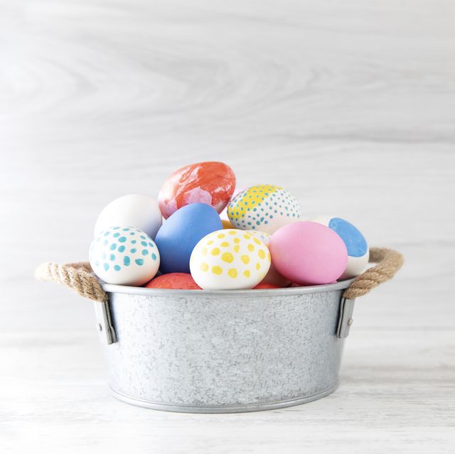easter eggs in a metal bucket