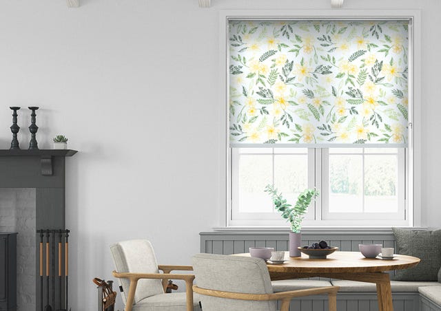 White, Room, Yellow, Interior design, Window, Wall, Wallpaper, Window covering, Curtain, Furniture, 