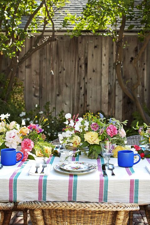 tablecloth, table, backyard, flower, floral design, flower arranging, chair, centrepiece, wedding reception, textile,