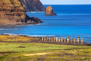 easter island fifteen standing moai of ahu tongkariki sunny day, high angle view