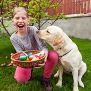 girl holding basket of easter eggs and yellow lab