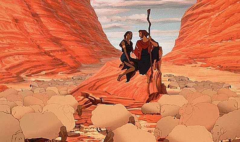 a shepherd and a woman sit on a rock and talk seriously while tending sheep in a scene from the prince of egypt , a good housekeeping pick for best easter movies for kids