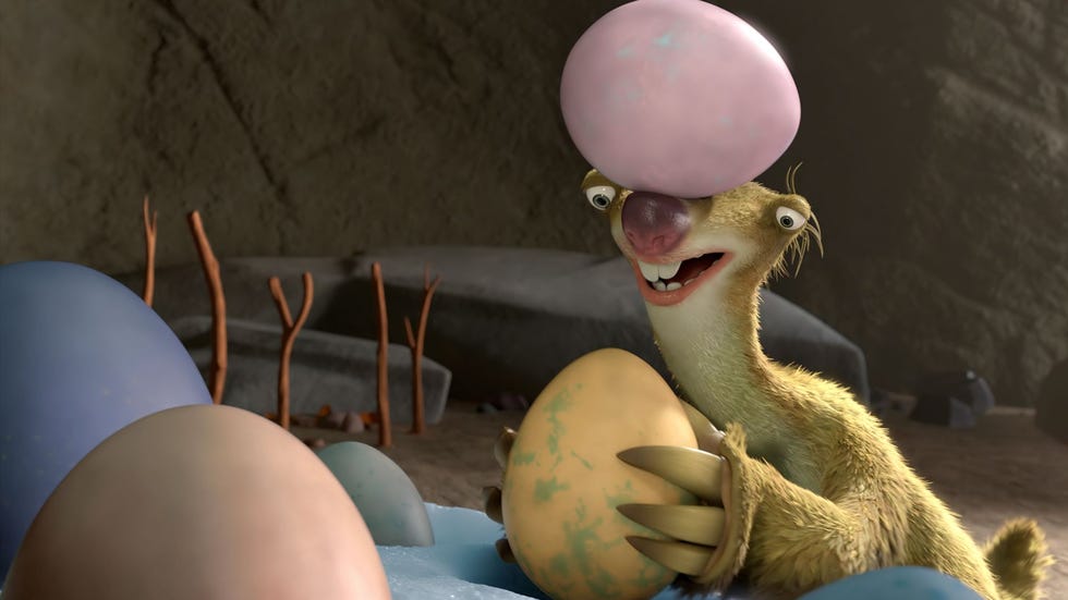 sid balanaces an egg on his head in a scene from ice age the great egg scapade, a good housekeeping pick for best easter movies for kids