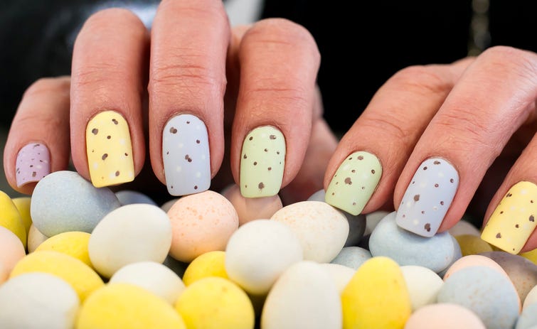 easter inspired art with pastel polish and brown spots to look like speckled eggs