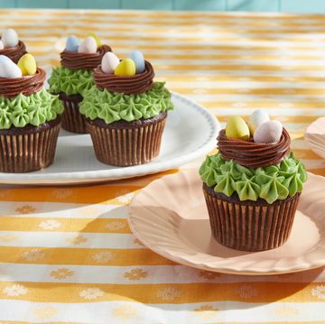 cupcakes with frosting nests and chocolate mini eggs