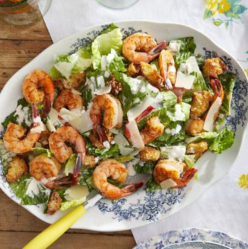 creole shrimp caesar salad with cheesy croutons
