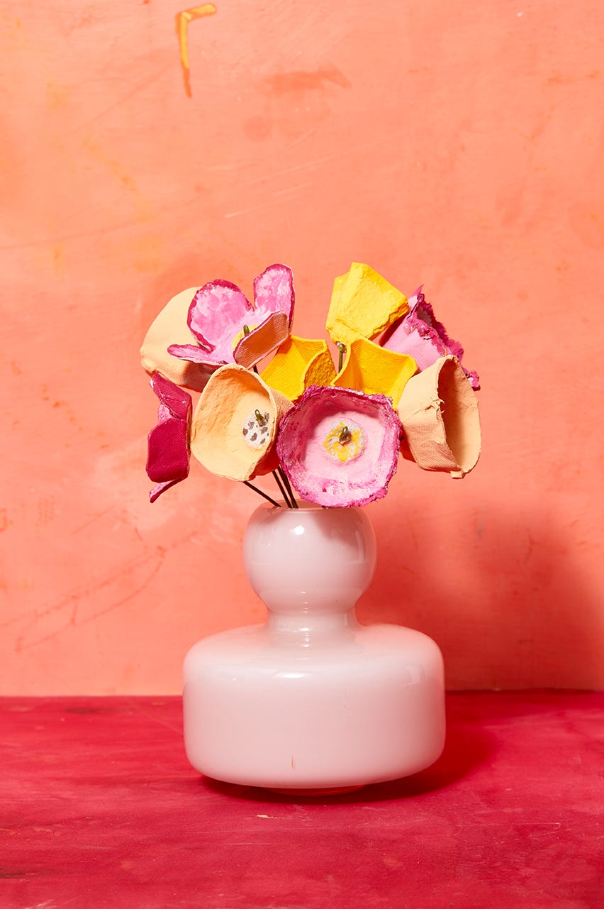 Easter Crafts, Egg Carton Flowers easter crafts, yellow and pink egg carton flowers in a vase