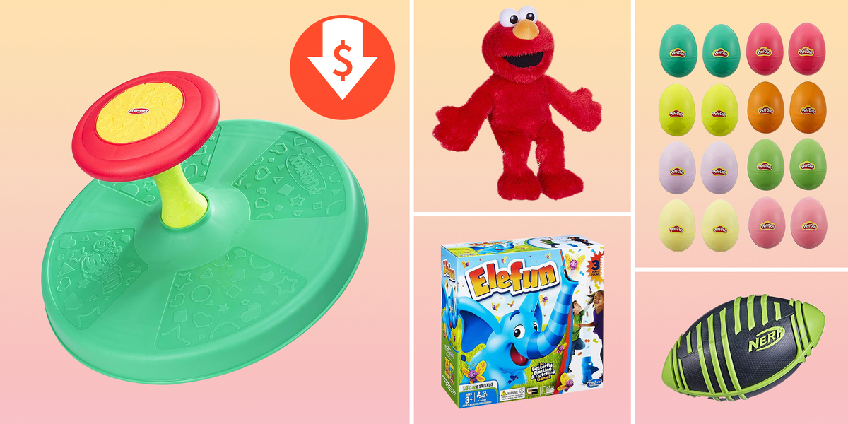 sit and spin, elmo, play doh eggs, nerf ball, elefun game