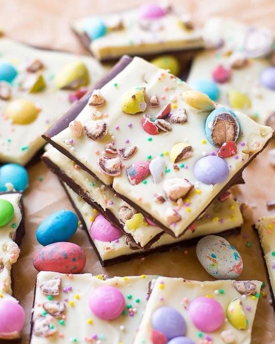 bunny bark decorated with sprinkles chocolate egg candies and m and ms
