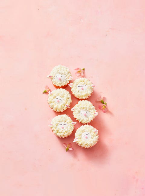easter treats - lamb cupcakes white lamb cupcakes on a pink background