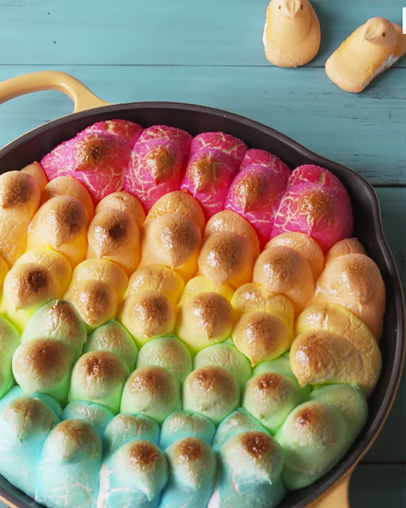 peeps arranged in rows from blue to green yellow orange and pink and toasted on top with melted chocolate underneath