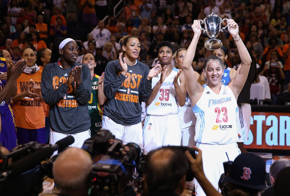 eastern conference all star shoni schimmel 23 of the atlanta dream celebrates with the mvp trophy after defeating the western conference allstars 125124 in the wnba allstar game at us airways center on july 19, 2014 in phoenix, arizona