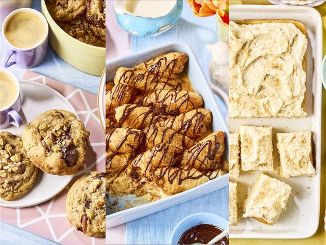 a selection of baked goods including cookies pastries and cake with beverages