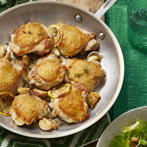 easy chicken dinners recipes    crispy chicken thighs with escarole and parmesan salad