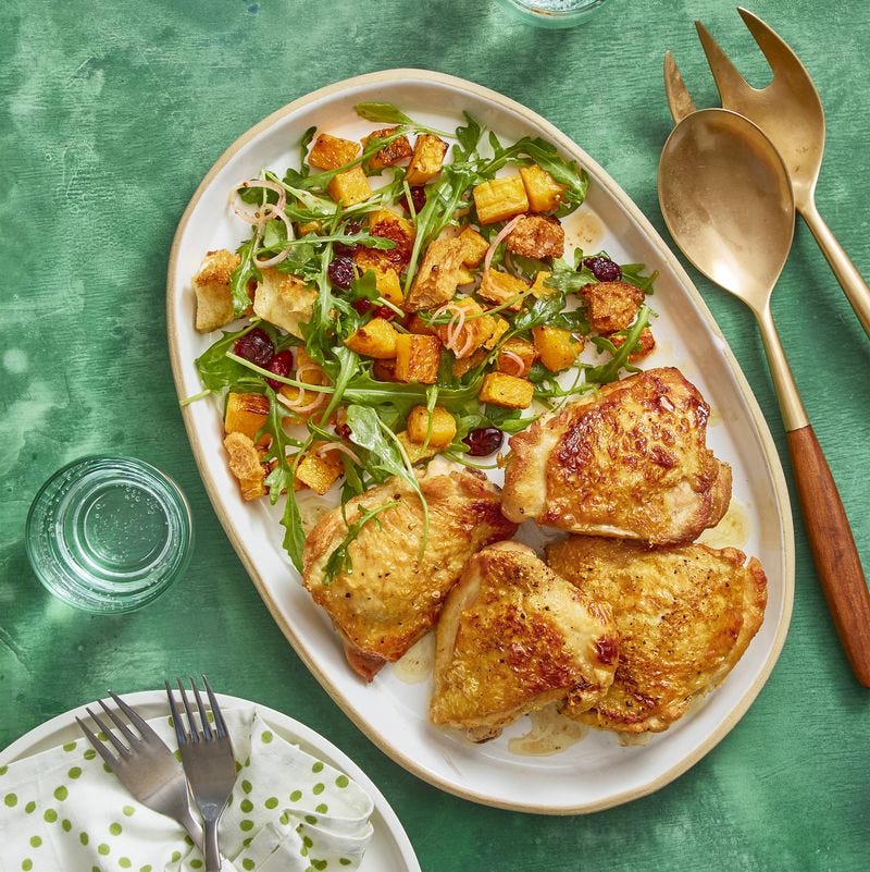 easy chicken dinners recipes    roasted chicken and squash panzanella