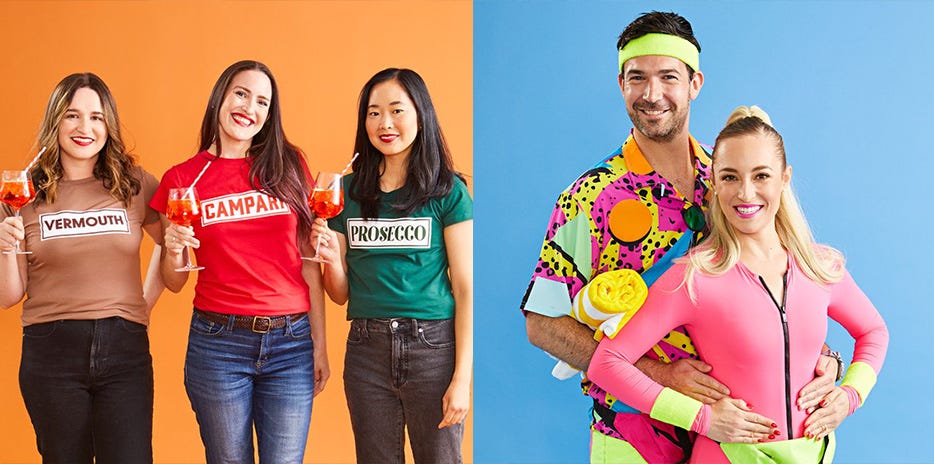 trio dressed as vermouth campari and prosecco and couples costume dressed as ken and barbie