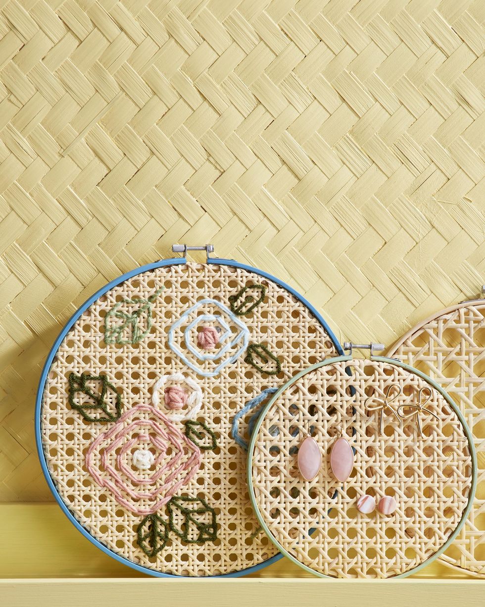 stitched artwork or jewelry holder embroidery hoops that have been lines with canning