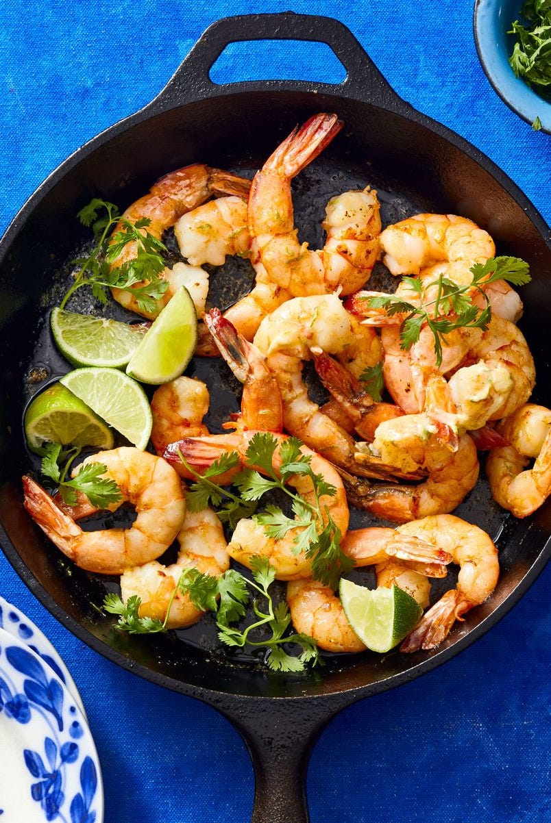 shrimp with lime in a cast iron pan