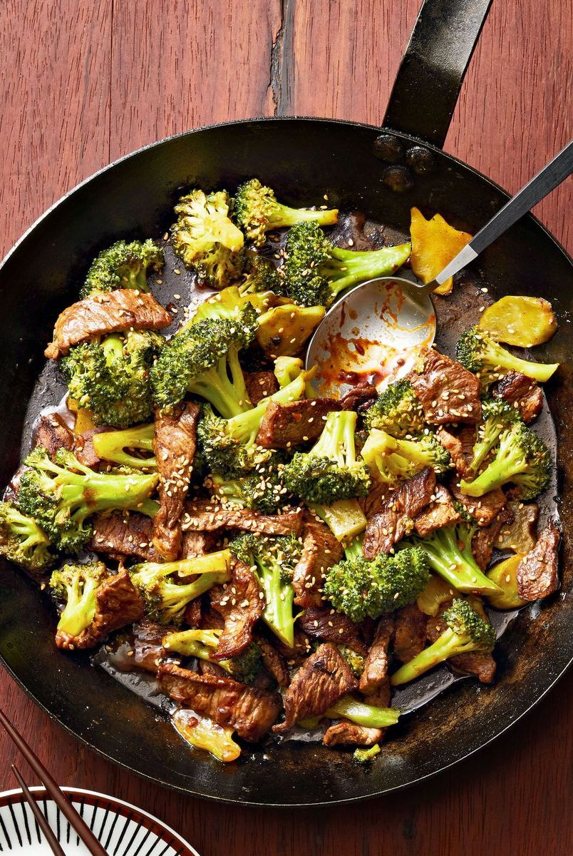 steak and broccoli in a pan