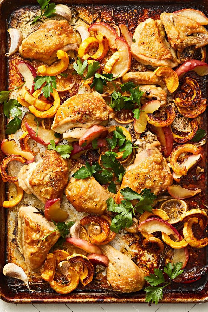 chicken with apples and squash on a sheet pan