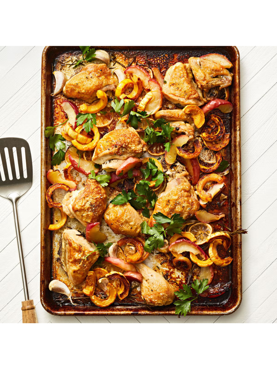 chicken apples and delicata squash on a sheet pan