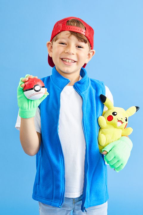 easy halloween costume, boy with a red trucker hat, pokeball and pikachu plush toy