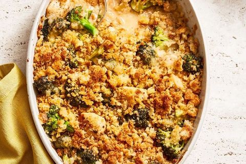 cheesy chicken broccoli casserole in a baking dish