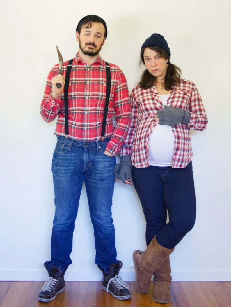 easy halloween costume, a man and woman dressed in diy lumberjack costumes