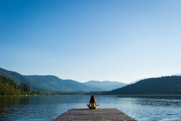 easy pose tranquil lakeside meditation at sunrise