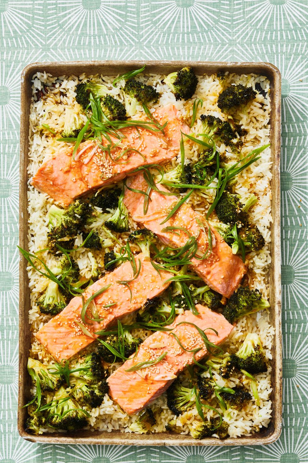 easy rice with ginger soy salmon and broccoli on a sheet tray