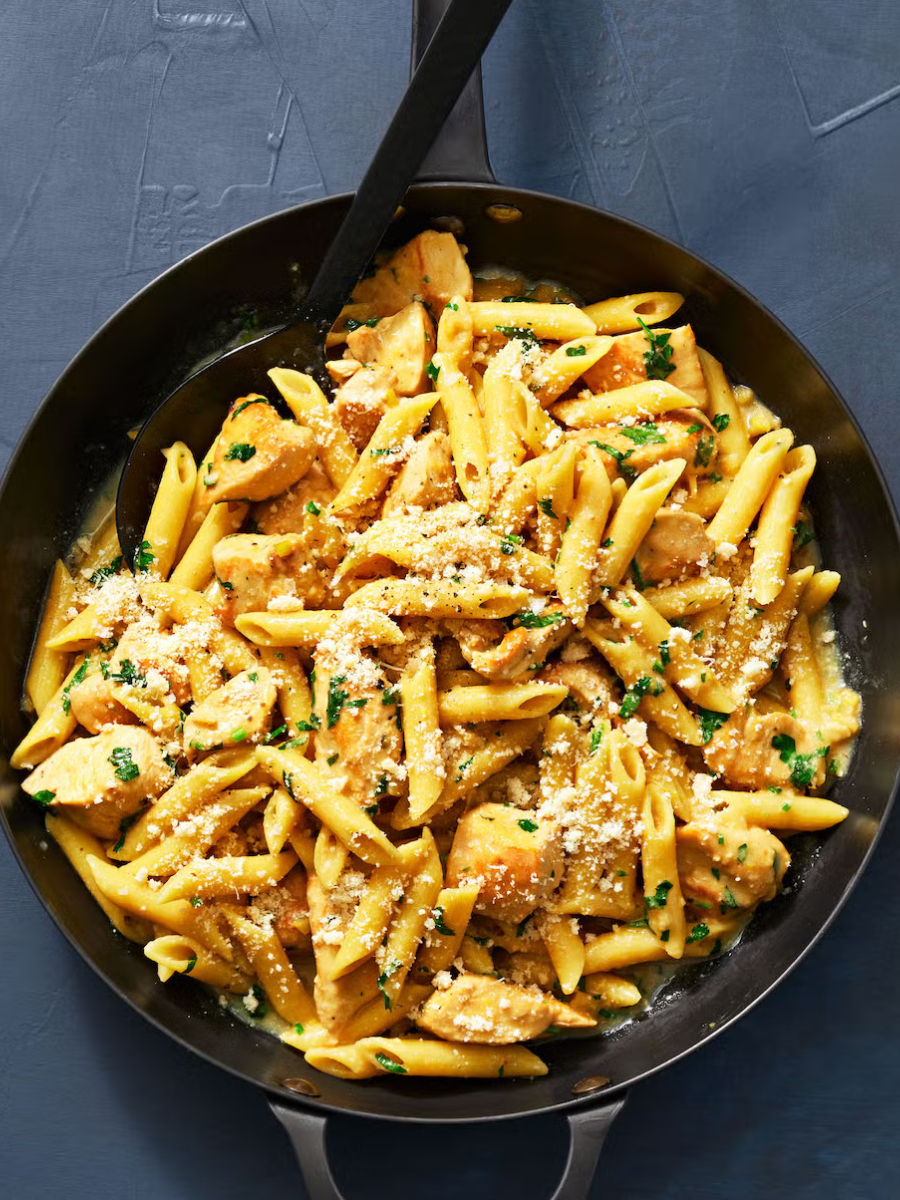 chicken francese pasta in a skillet