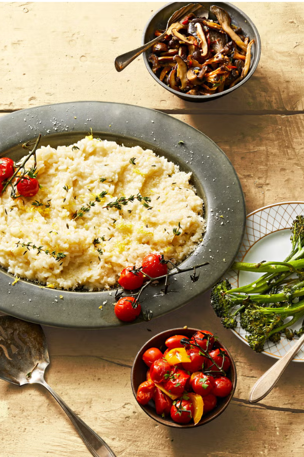 easy sunday dinner ideas multicooker risotto a bowl of risotto and roasted tomatoes on top