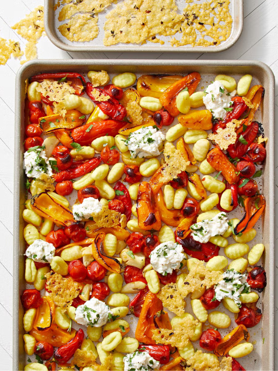 sheet pan gnocchi and peppers with thyme frico