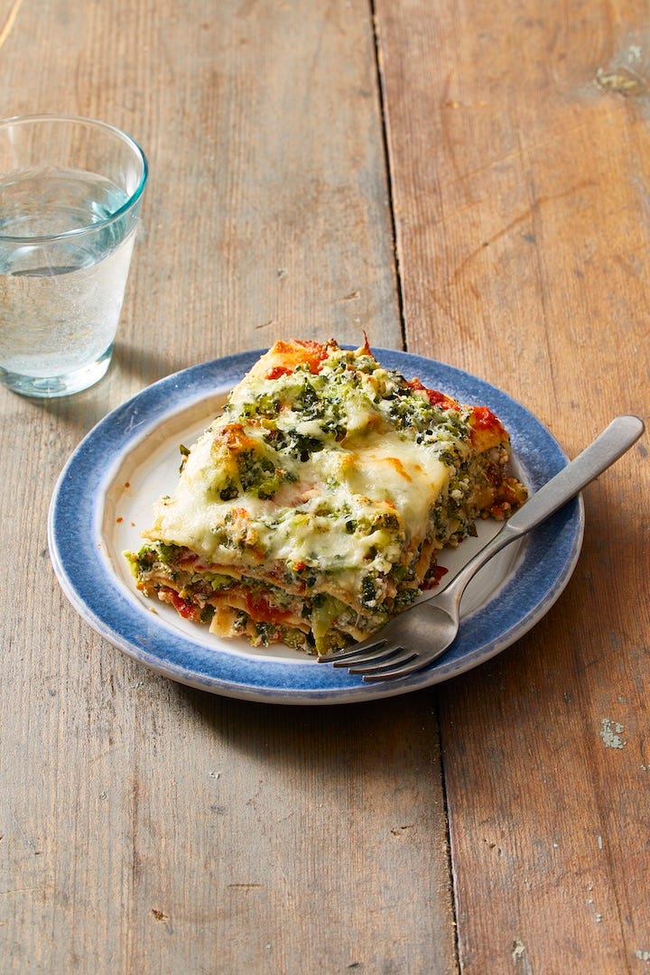a square slice of vegetarian lasagna