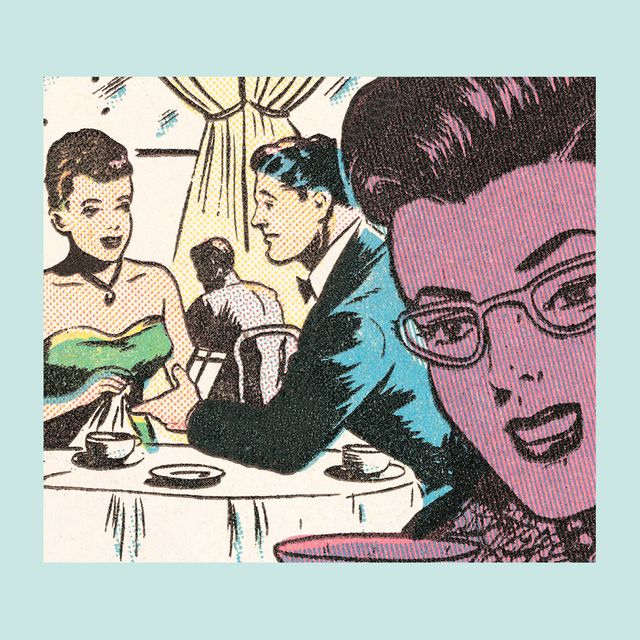 an illustration of a woman eavesdropping on a date