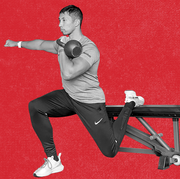 man doing a bulgarian split squat on a bench with a single kettlebell