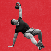 man doing kickthrough with kettlebell held overhead man doing kickthrough with kettlebell held overhead