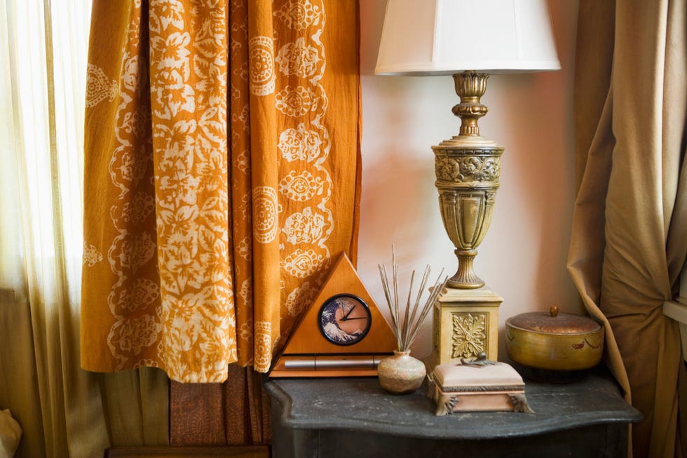 Eclectic Side Table with Lamp and Clock