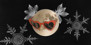 a moon wearing heart shaped sunglasses is seen in the sky