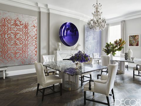 Room, Interior design, Purple, Dining room, Furniture, Property, Living room, Violet, Floor, Table,
