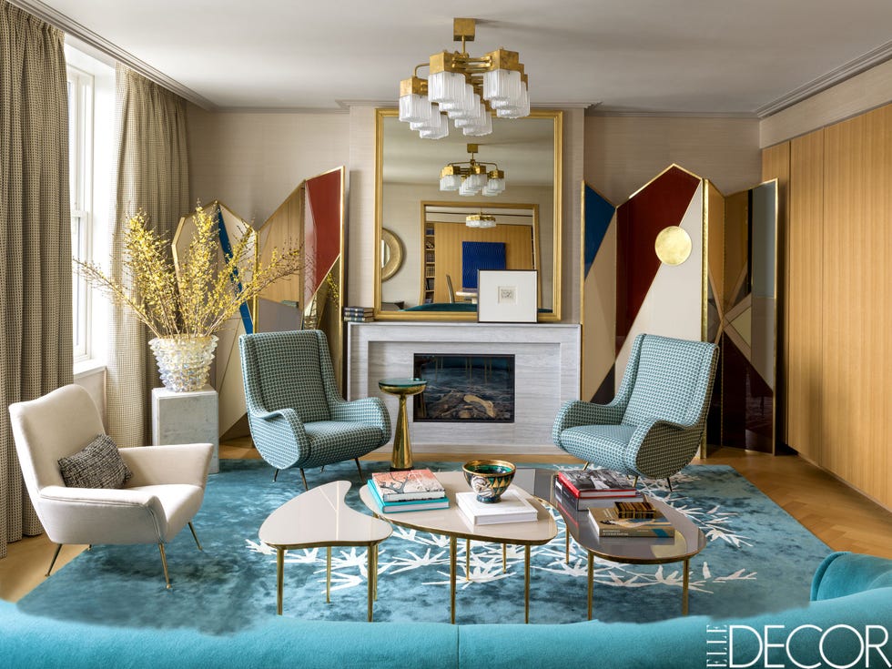 Living room, Room, Furniture, Interior design, Property, Building, Yellow, Table, Turquoise, Coffee table, 