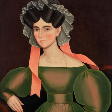 folk portrait of woman with pink ribbons in hair