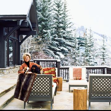 a person sitting on a bench with a dog on a terrace in a snowy background
