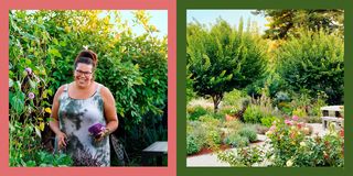 on the left is leslie bennett standing in her garden smiling and holding some small purple flowers and on the right is a view of her garden with pink flowers in the foreground and path in the center with a bench and some beautiful trees behind