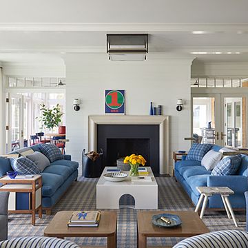 mark cunningham living room with blue sofas