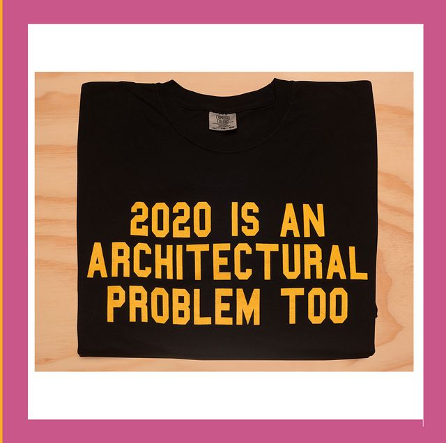 on the left  is a an x shape with arrow ends and flames coming off it in various colors and on the right is a folded black tee shirt with the words 2020 is an architectural problem too