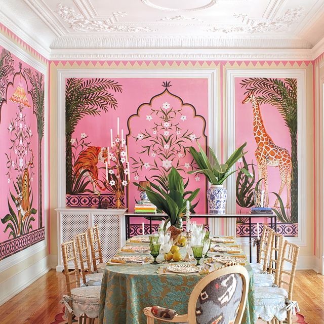Room, Pink, Dining room, Interior design, Furniture, Wallpaper, Table, Design, Building, Tree, 